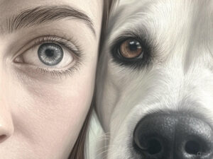 Groc AI generated image of human to dog eye comparison.
